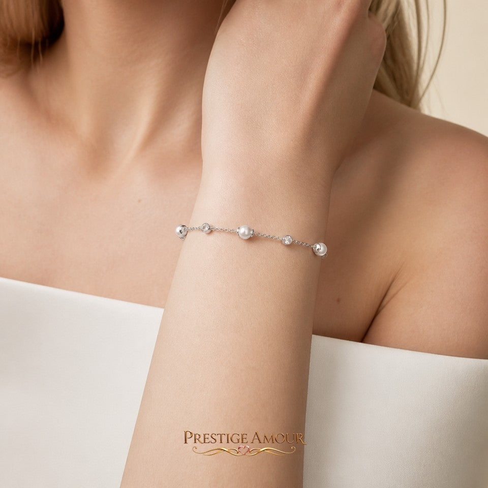 Diamonfire Alternating Shell Pearl and Zirconia Station Bracelet