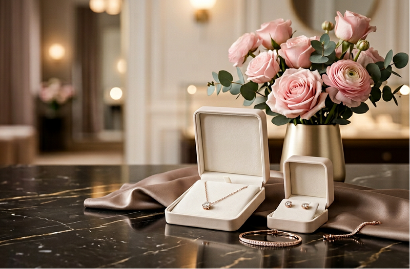 Two open jewellery boxes on dark marble beside a vase of pink roses