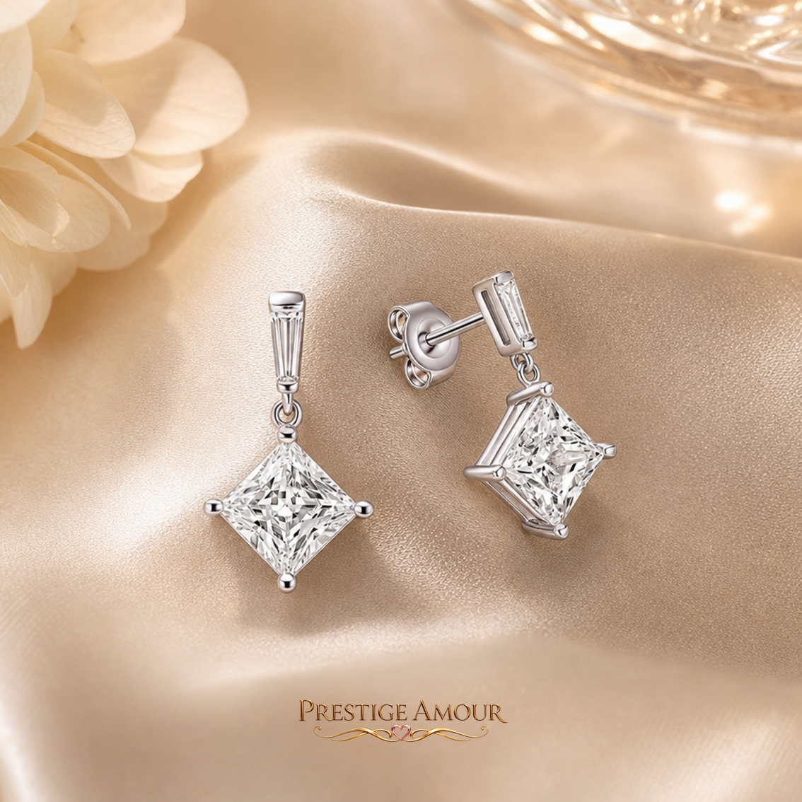 Princess Cut Drop Earrings – Sterling Silver, Triple Plated