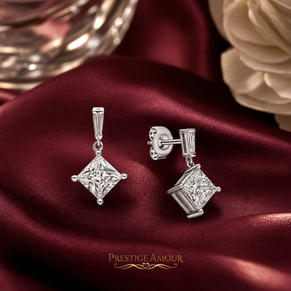 Princess Cut Drop Earrings – Sterling Silver, Triple Plated