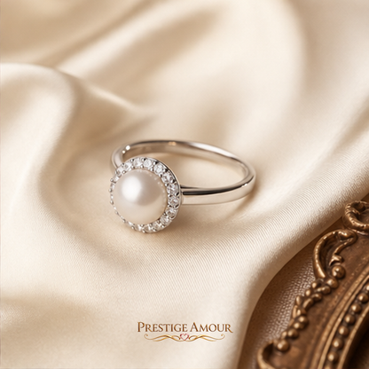 Shell Pearl and Zirconia Halo Ring – Sterling Silver