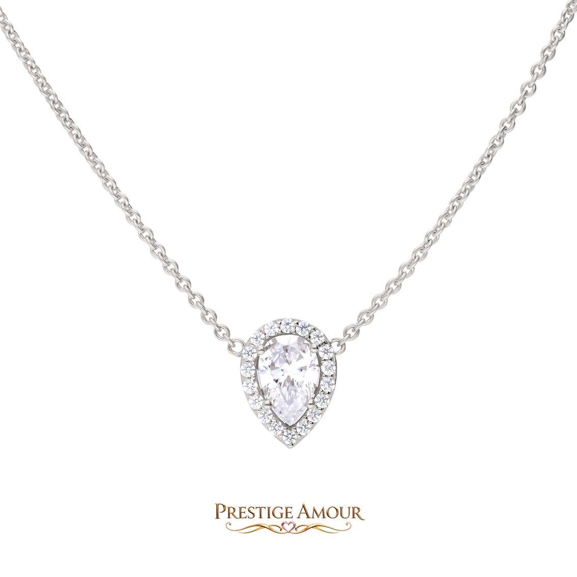 Teardrop Halo Necklace – Sterling Silver, Triple Plated, 40–45cm
