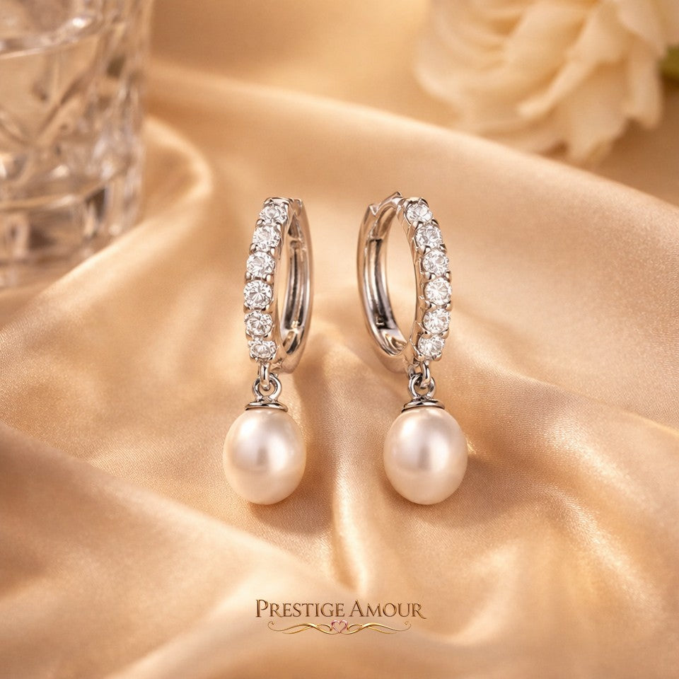 Diamonfire Pearl Drop Hoop Earrings w/ Pave Zirconia