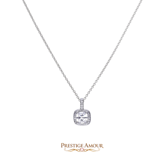 Square Solitaire and Pavé Set Pendant – Sterling Silver, Triple Plated