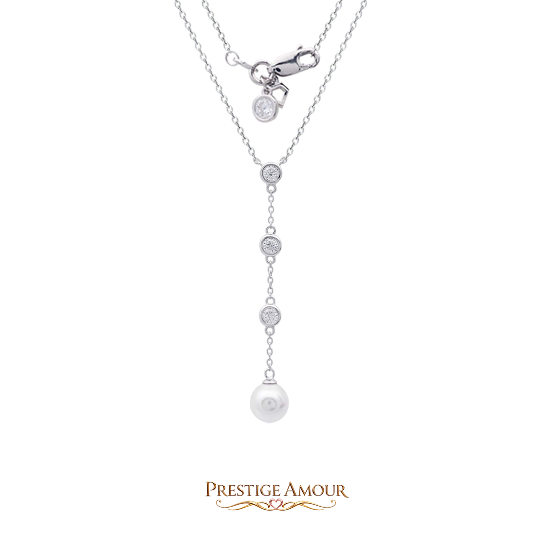 Zirconia and Shell Pearl Y Chain Drop Necklace – Sterling Silver