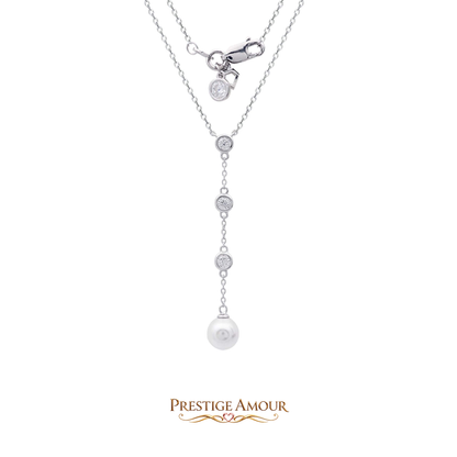 Zirconia and Shell Pearl Y Chain Drop Necklace – Sterling Silver