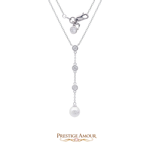 Zirconia and Shell Pearl Y Chain Drop Necklace – Sterling Silver