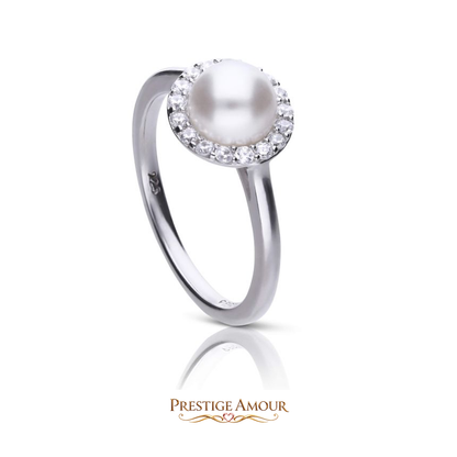 Shell Pearl and Zirconia Halo Ring – Sterling Silver