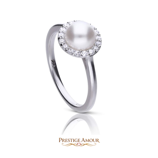 Shell Pearl and Zirconia Halo Ring – Sterling Silver