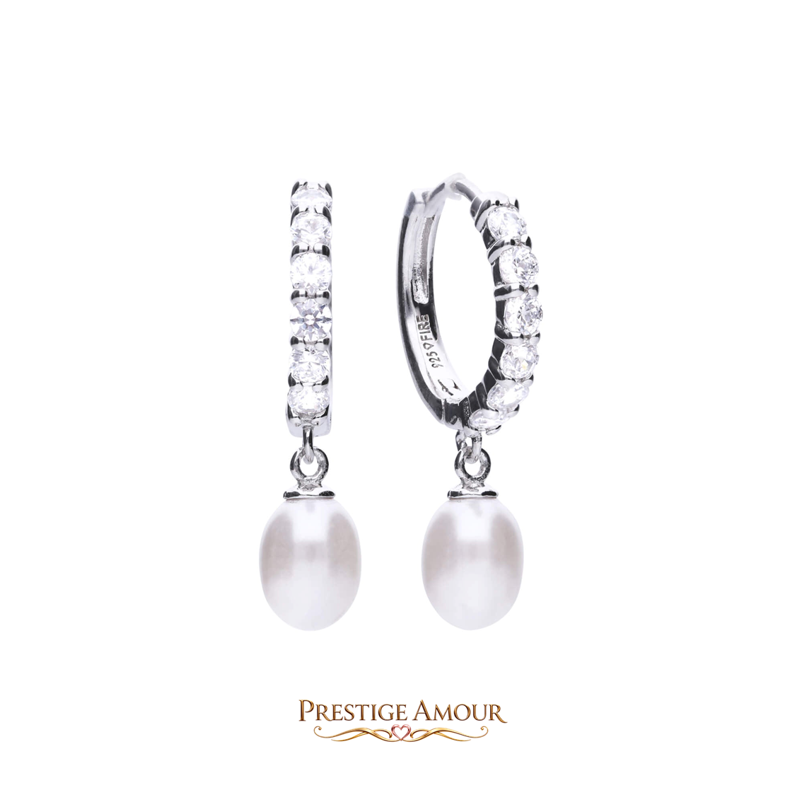 Pearl Drop Hoop Earrings with Pavé Zirconia – Sterling Silver