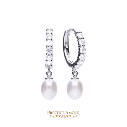 Pearl Drop Hoop Earrings with Pavé Zirconia – Sterling Silver