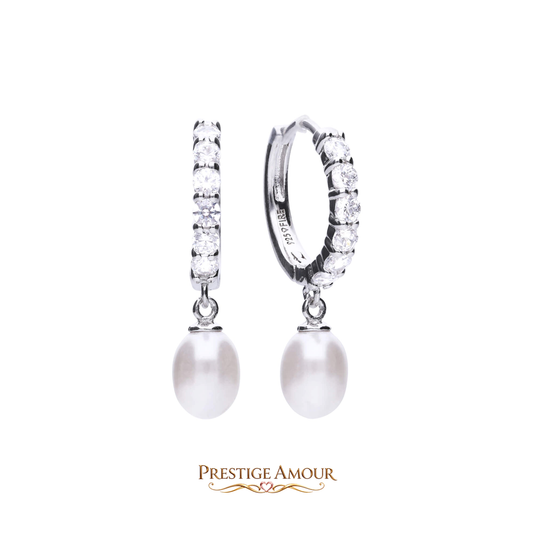 Pearl Drop Hoop Earrings with Pavé Zirconia – Sterling Silver
