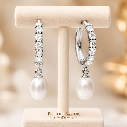 Diamonfire Pearl Drop Hoop Earrings w/ Pave Zirconia