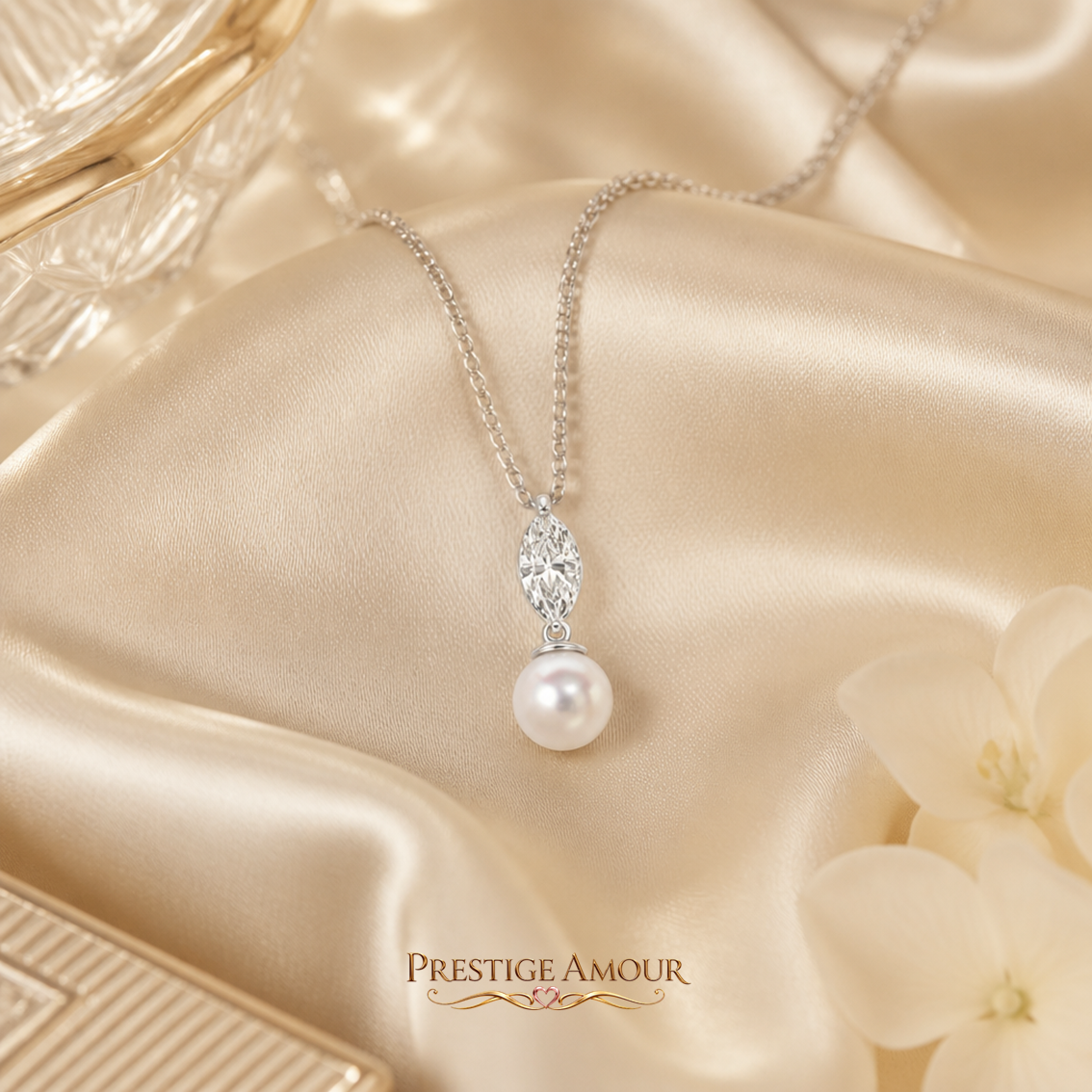 Marquise Pearl Drop Pendant – Sterling Silver