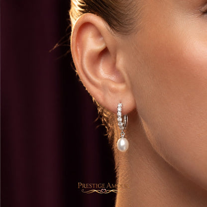 Diamonfire Pearl Drop Hoop Earrings w/ Pave Zirconia
