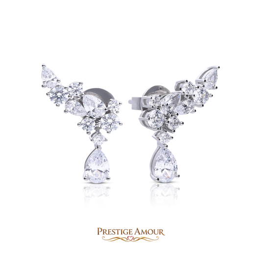Statement Multi-Cut Zirconia Crawler Earrings with Drop – Sterling Silver