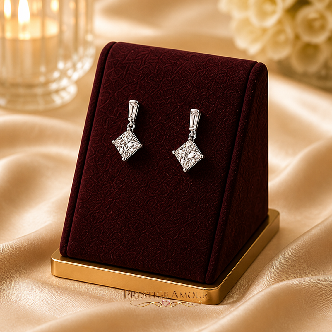 Princess Cut Drop Earrings – Sterling Silver, Triple Plated