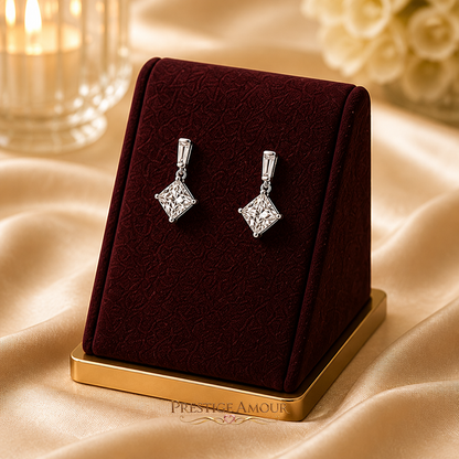 Princess Cut Drop Earrings – Sterling Silver, Triple Plated