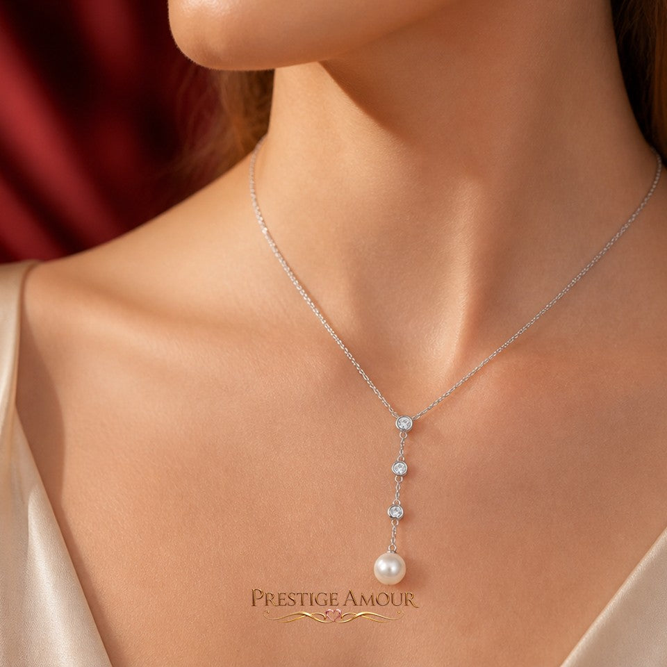 Diamonfire Zirconia and Shell Pearl Y Chain Drop Necklace