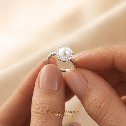 Shell Pearl and Zirconia Halo Ring – Sterling Silver