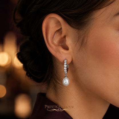 Diamonfire Pearl Drop Hoop Earrings w/ Pave Zirconia