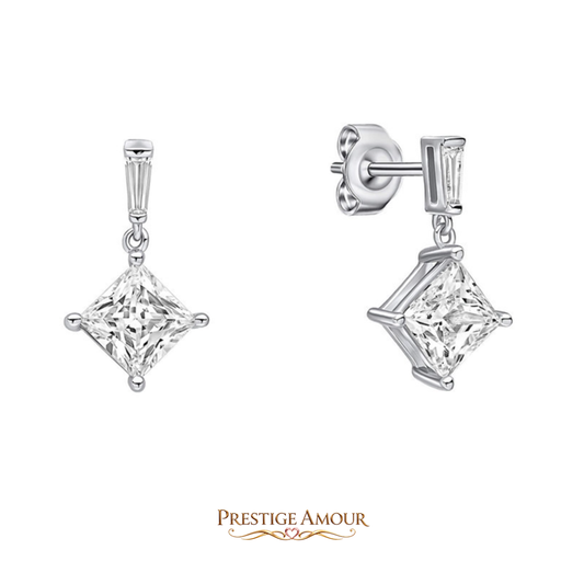 Princess Cut Drop Earrings – Sterling Silver, Triple Plated