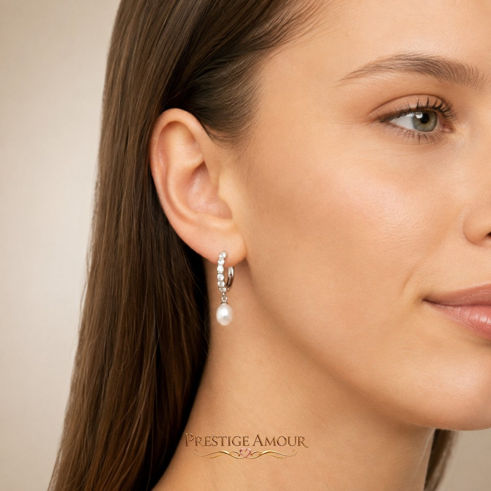 Diamonfire Pearl Drop Hoop Earrings w/ Pave Zirconia