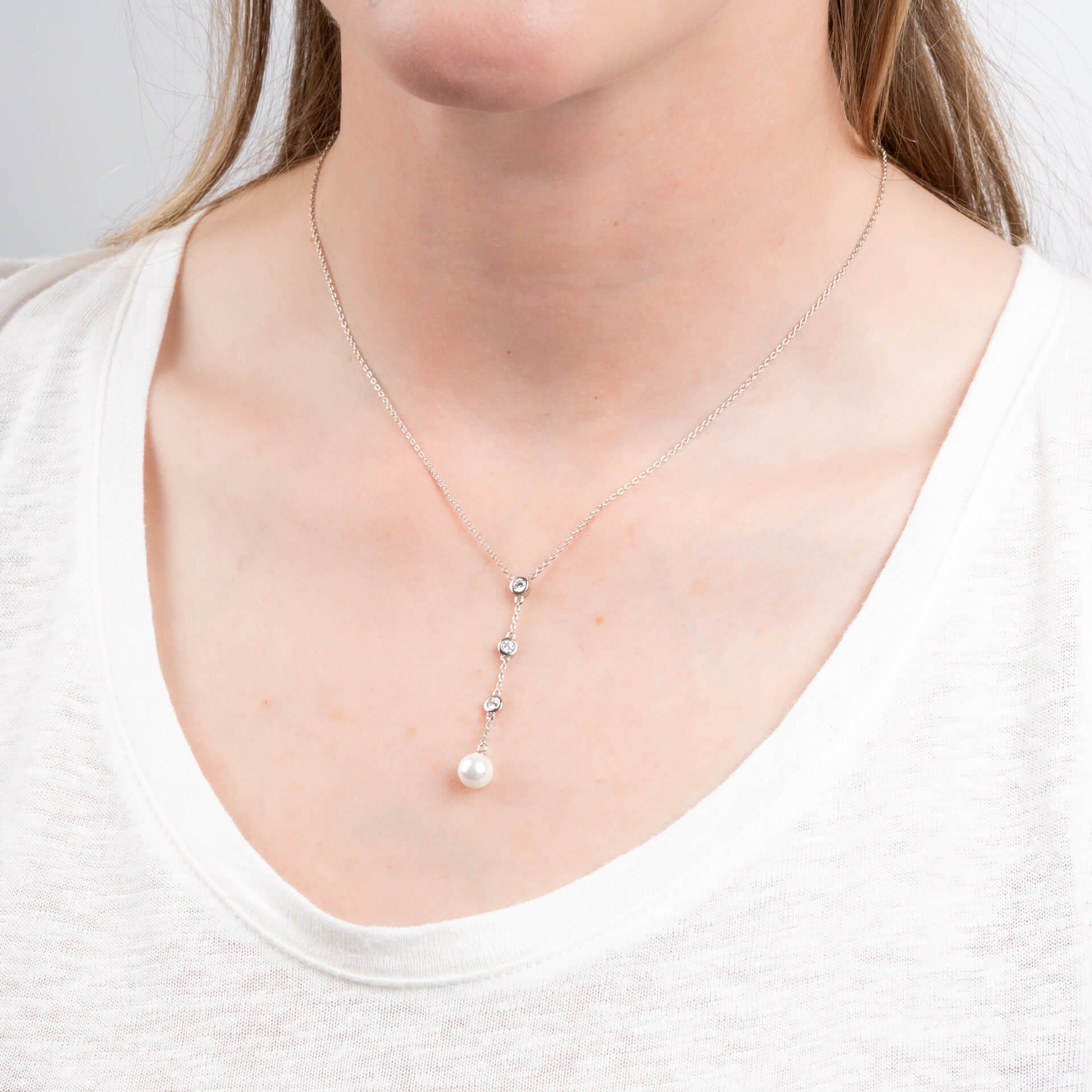 Diamonfire Zirconia and Shell Pearl Y Chain Drop Necklace-1